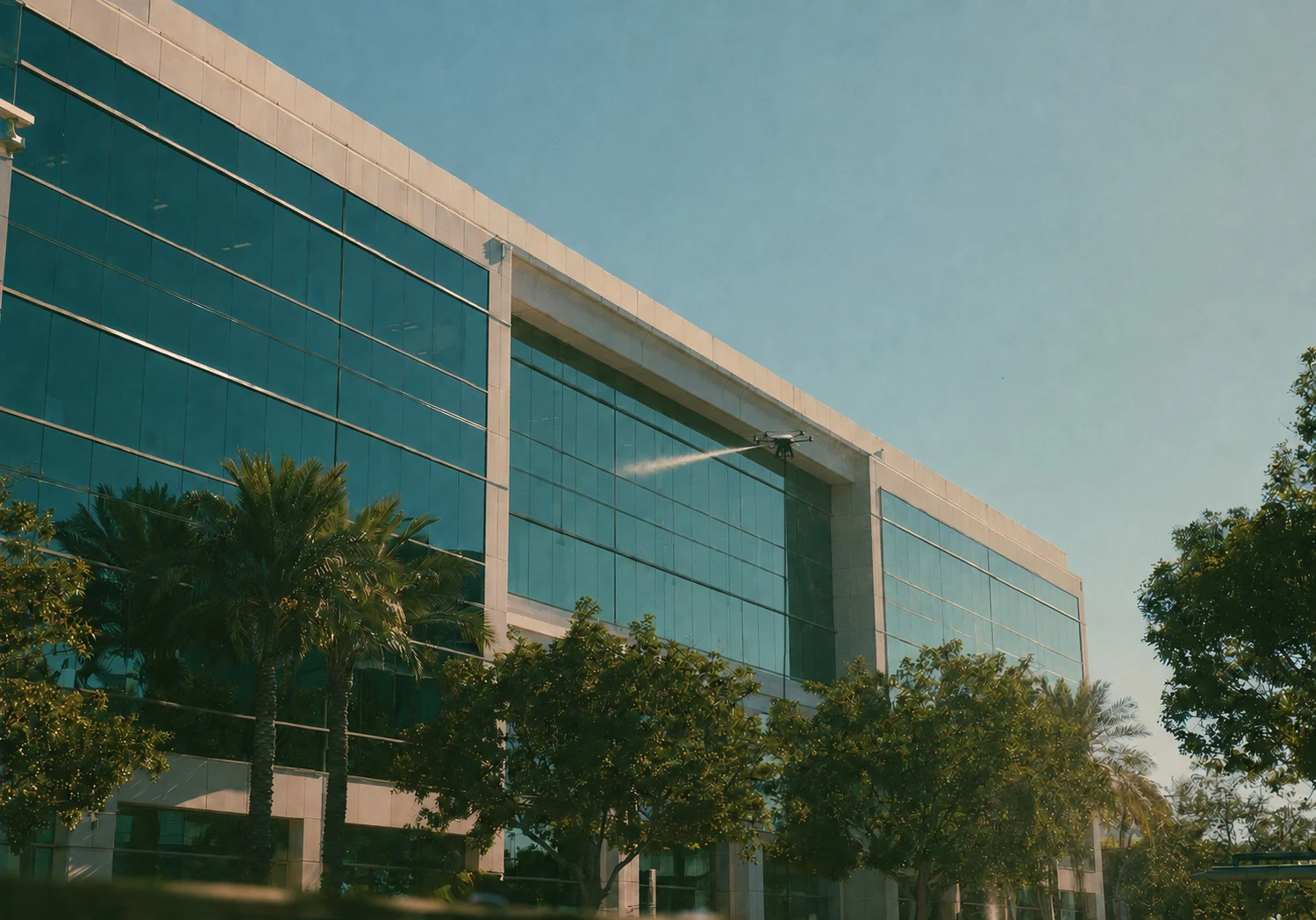 Drone cleaning exterior glass on a modern commercial building