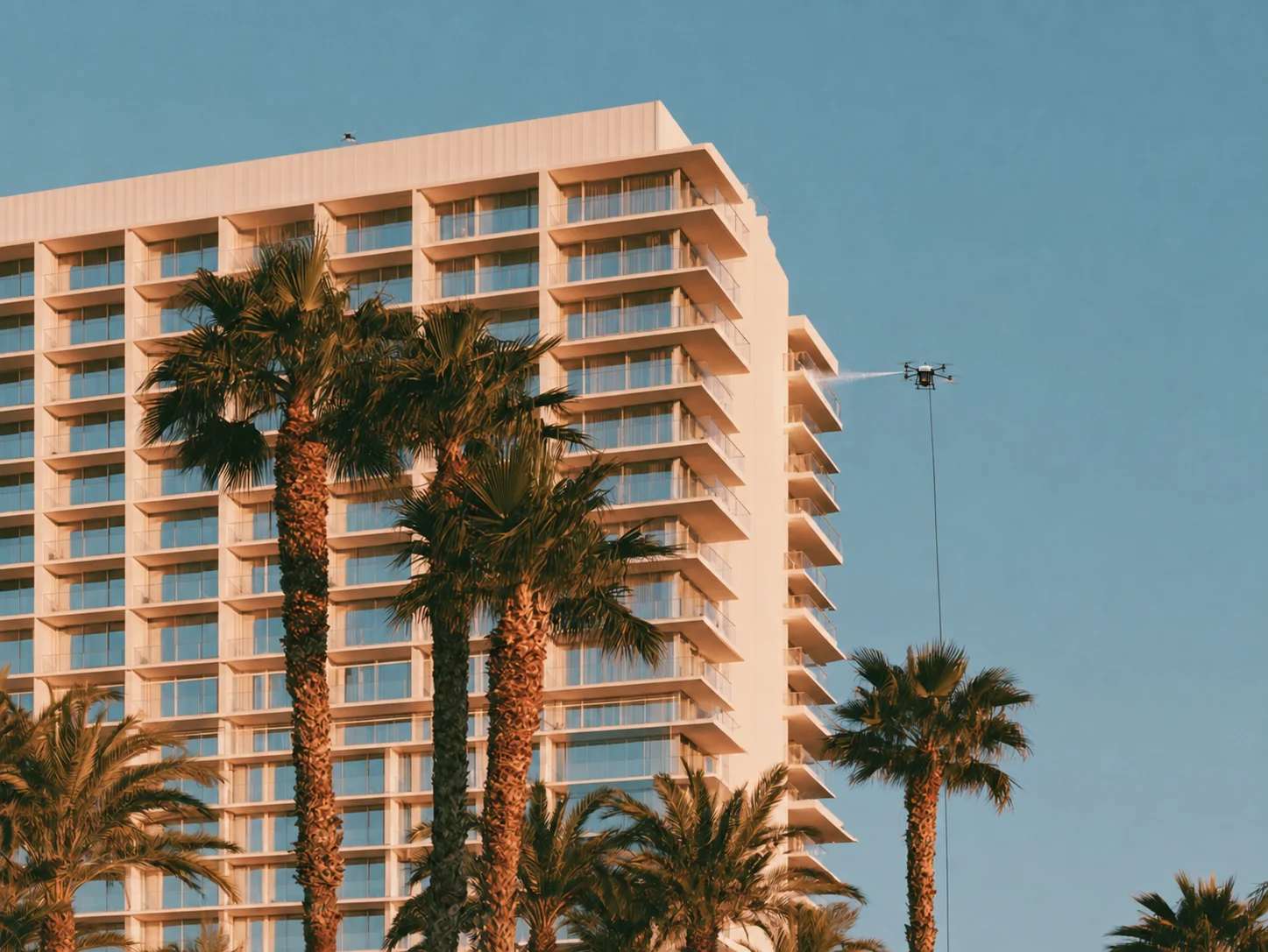 Drone pressure washing a multi-story commercial building with palm trees in the foreground.